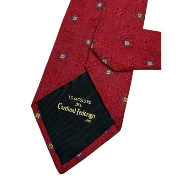 FEDERIGO LO JACQUARD Men's 100% Silk Necktie LUXURY Red Geometric W:3.7" EUC - Picture 4 of 4
